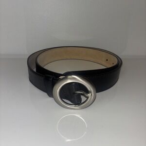 Black Genuine Leather Belt Silver Round Buckle Women's Sz Large VTG Unique Artsy